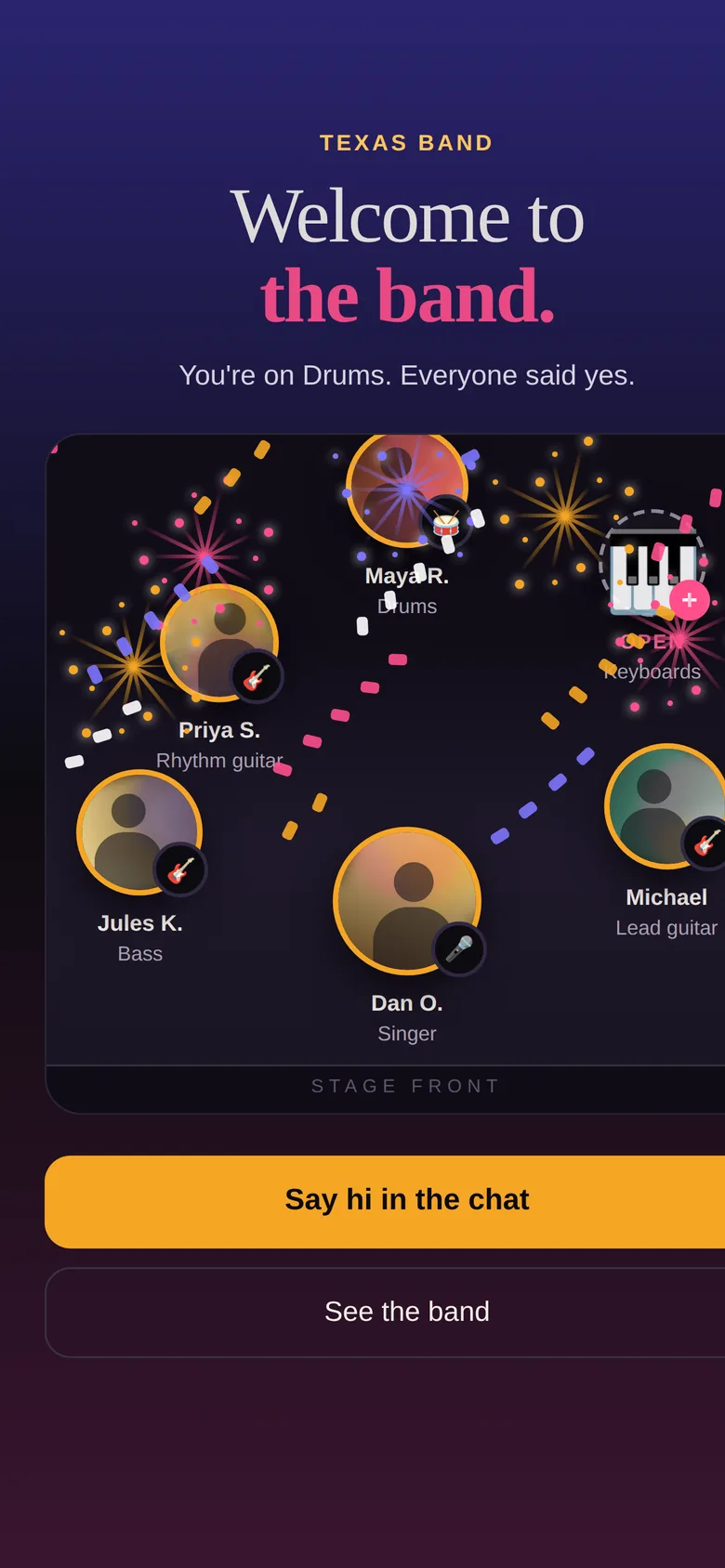 Sidestage 'Welcome to the band' screen with fireworks over the stage